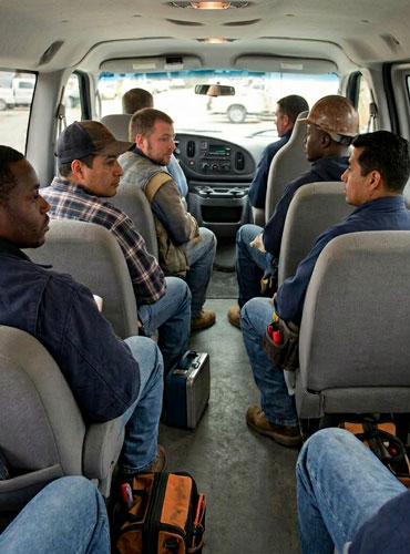 Group of men in recovery in a van on the way to work
